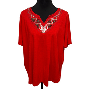 Northcrest Red Embellished V Neck Blouse. Feminine Soft Comfy